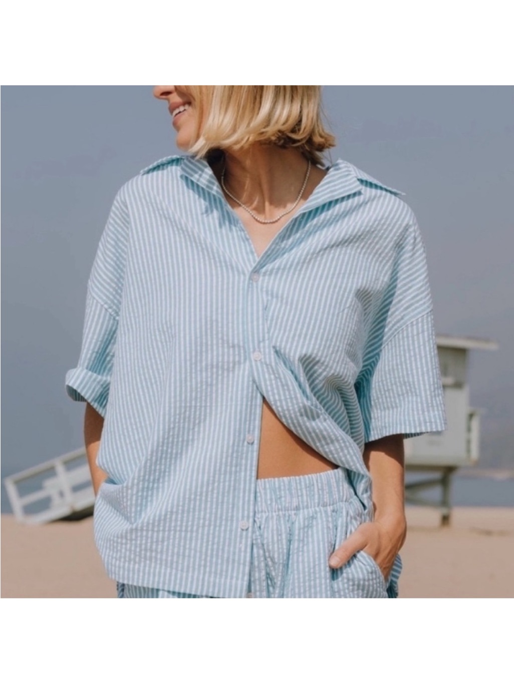 Daily Drills Seersucker Boxy Button Down Shirt Light Turquoise Blue White Xs/S
